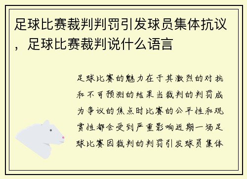 足球比赛裁判判罚引发球员集体抗议，足球比赛裁判说什么语言